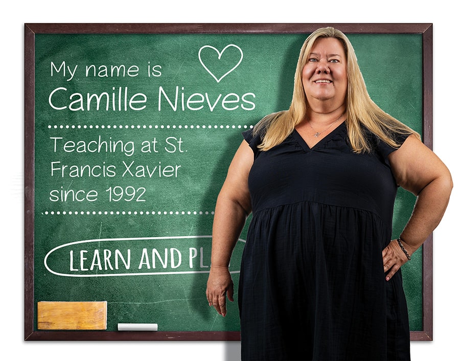 Camille Nieves. Teaching at St. Francis Xavier since 1992.