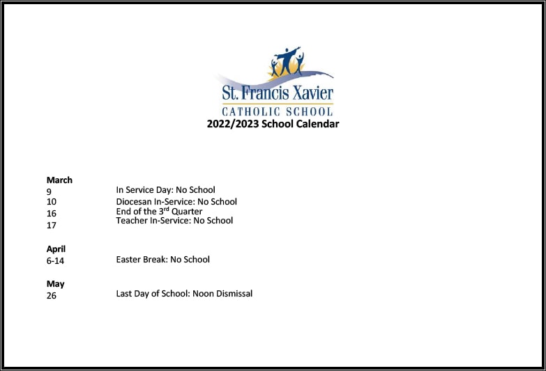 2022-2023 School Calendar for St. Francis Xavier Catholic School