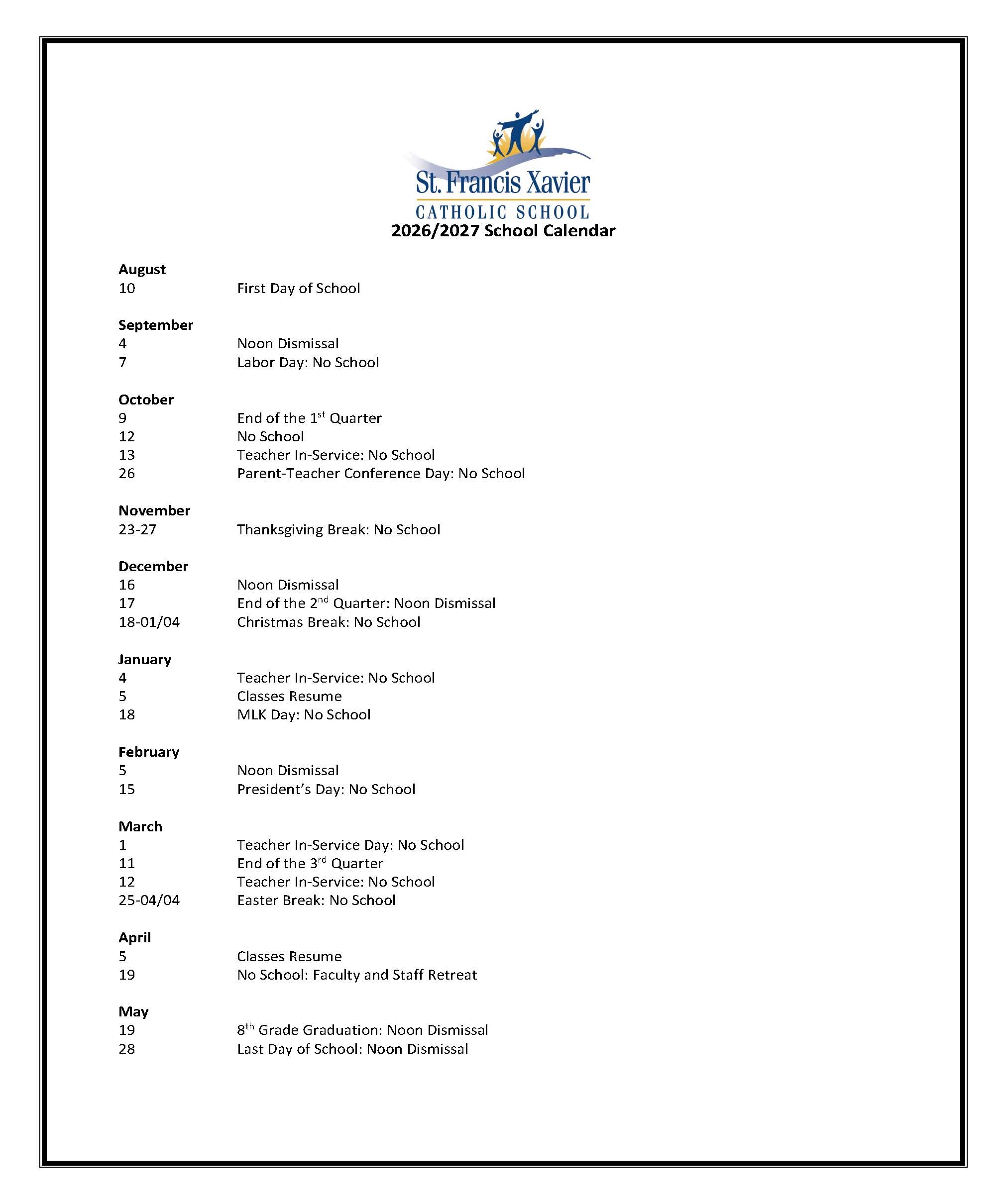 School Calendar for St. Francis Xavier Catholic School